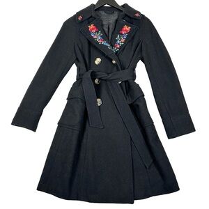Black wool Trench Coat Floral Embroidery grandma cottagecore long‎ button pink